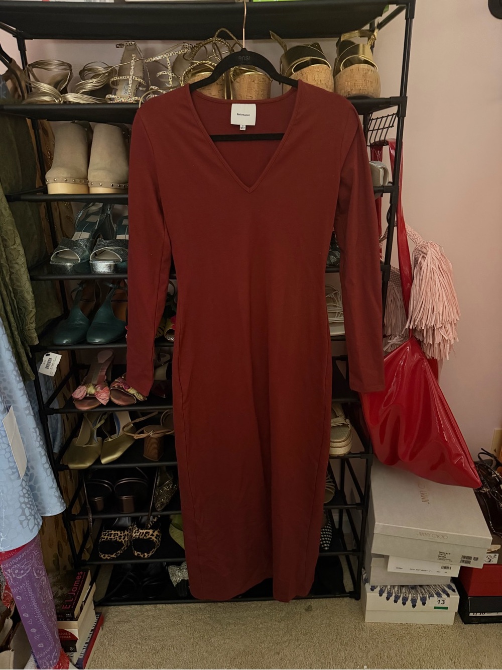 Reformation Long Sleeve V‑Neck Midi Dress in Rust